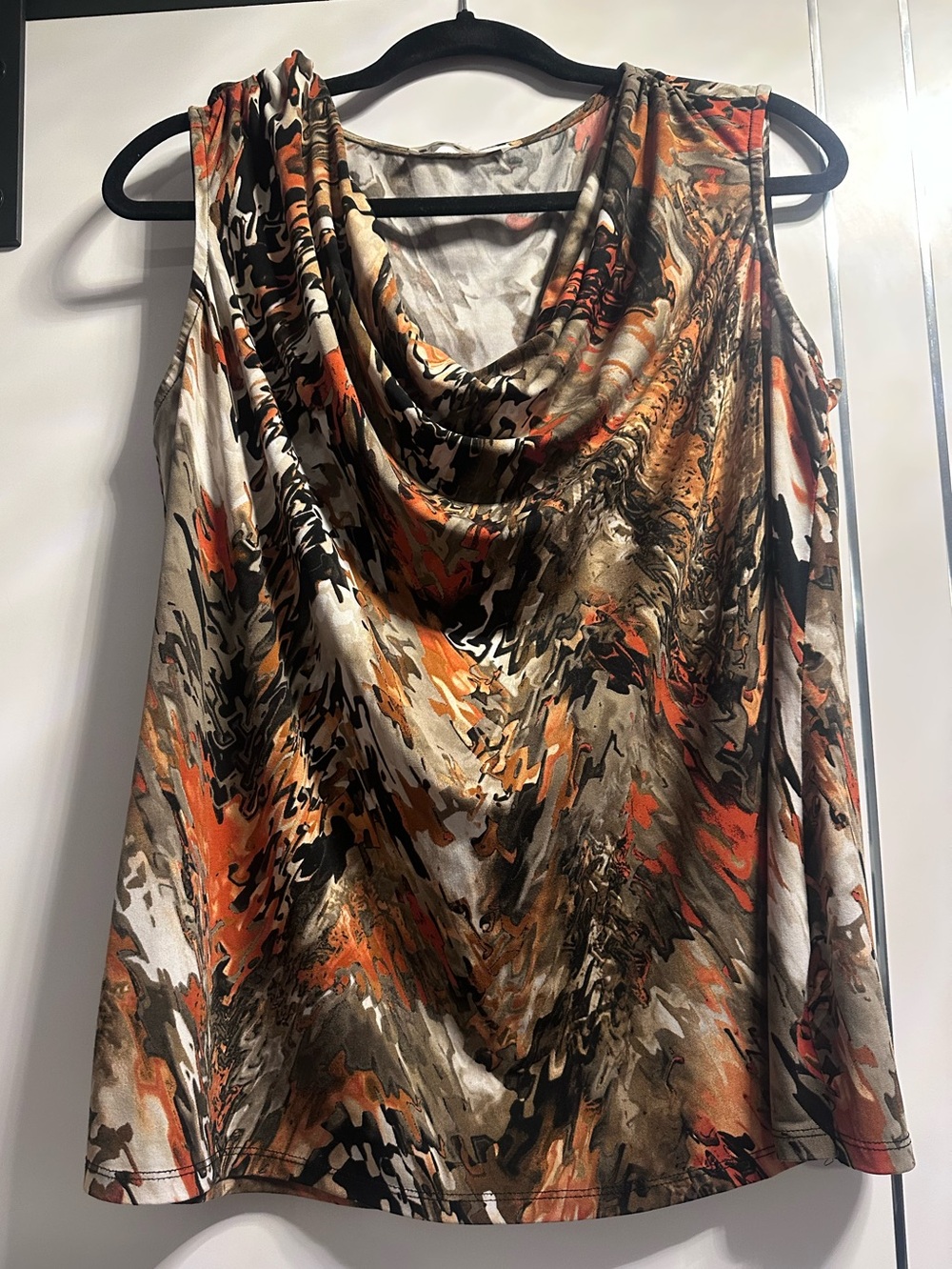 Cleo Draped Cowl Neck Sleeveless Top in Orange, Brown & Cream